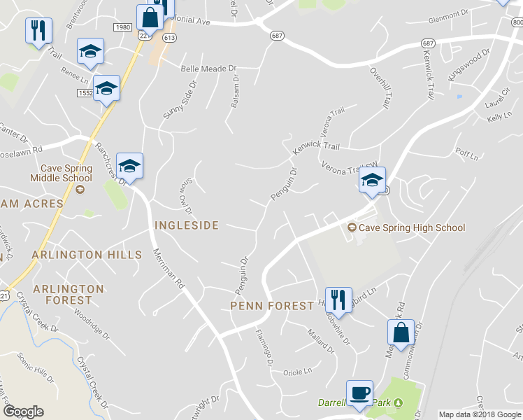 map of restaurants, bars, coffee shops, grocery stores, and more near 5637 Penguin Drive in Roanoke