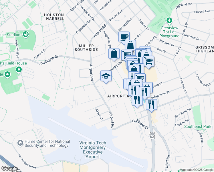 map of restaurants, bars, coffee shops, grocery stores, and more near 709 Airport Road in Blacksburg