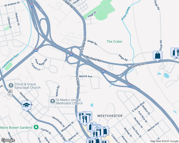 map of restaurants, bars, coffee shops, grocery stores, and more near 771 King Avenue in Petersburg