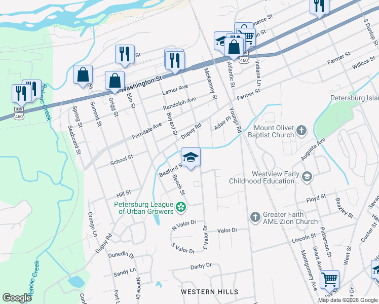 map of restaurants, bars, coffee shops, grocery stores, and more near 330 Pleasants Lane in Petersburg