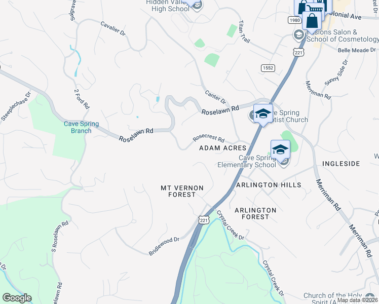 map of restaurants, bars, coffee shops, grocery stores, and more near 4631 Rosecrest Road Southwest in Cave Spring