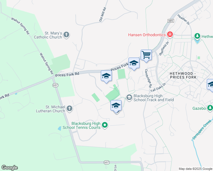 map of restaurants, bars, coffee shops, grocery stores, and more near 3109 Prices Fork Road in Blacksburg
