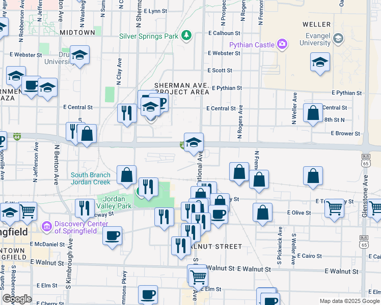 map of restaurants, bars, coffee shops, grocery stores, and more near East Chestnut Expressway in Springfield