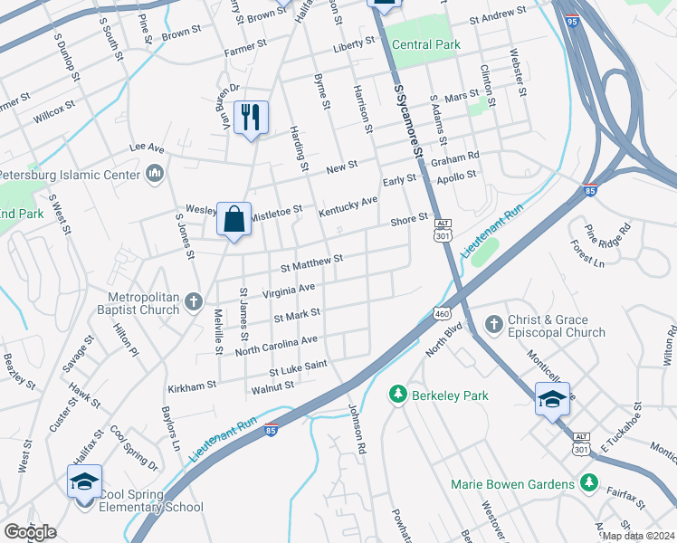 map of restaurants, bars, coffee shops, grocery stores, and more near 917 Harding Street in Petersburg