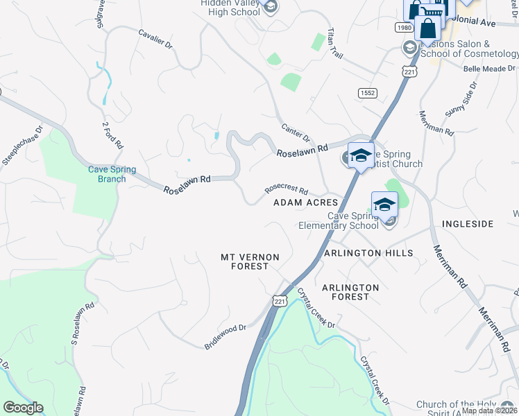 map of restaurants, bars, coffee shops, grocery stores, and more near 4631 Rosecrest Road Southwest in Cave Spring