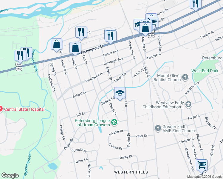 map of restaurants, bars, coffee shops, grocery stores, and more near 300 Poplar Street in Petersburg