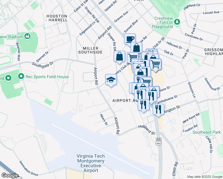map of restaurants, bars, coffee shops, grocery stores, and more near 709 Airport Road in Blacksburg