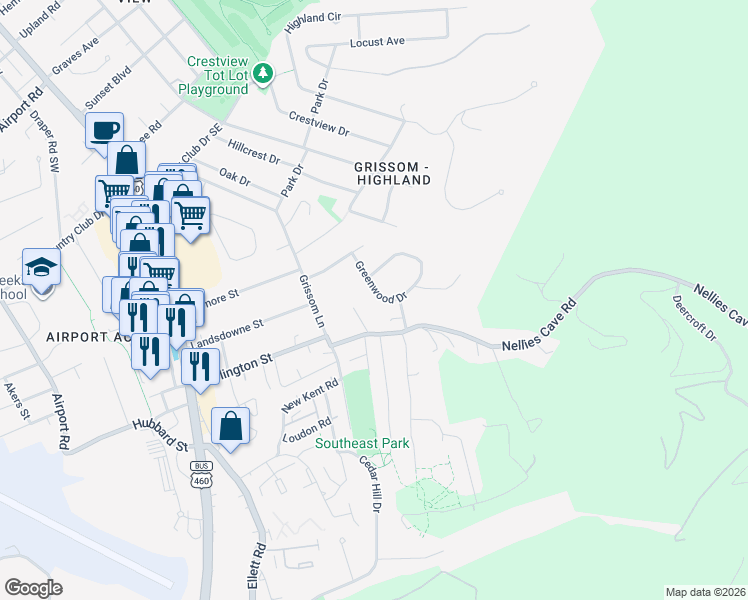 map of restaurants, bars, coffee shops, grocery stores, and more near 1502 Greenwood Dr in Blacksburg