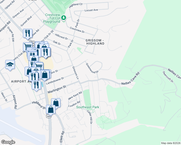 map of restaurants, bars, coffee shops, grocery stores, and more near 1602 Greenwood Drive in Blacksburg
