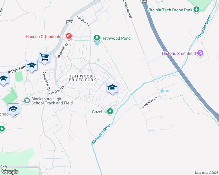 map of restaurants, bars, coffee shops, grocery stores, and more near 10600 Blue Ridge Drive in Blacksburg