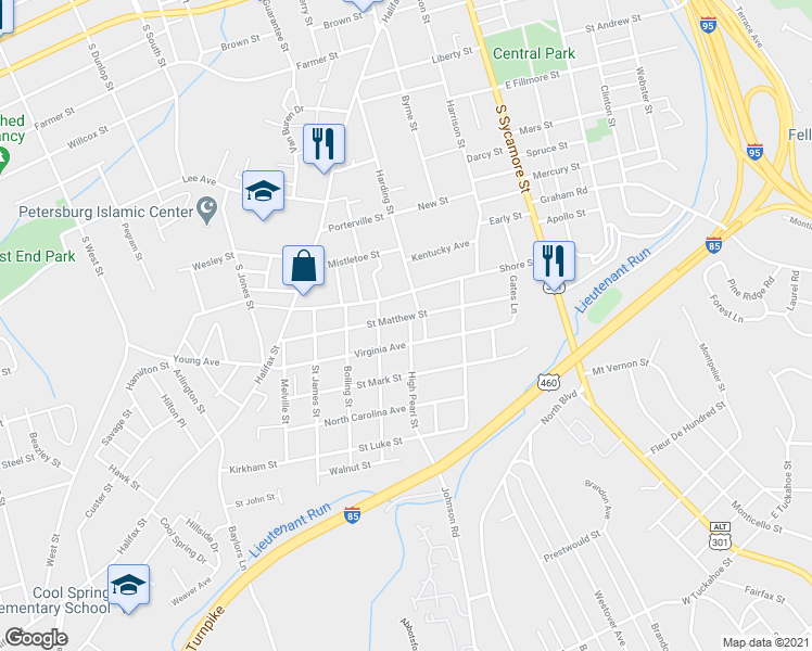map of restaurants, bars, coffee shops, grocery stores, and more near 812 Harding Street in Petersburg