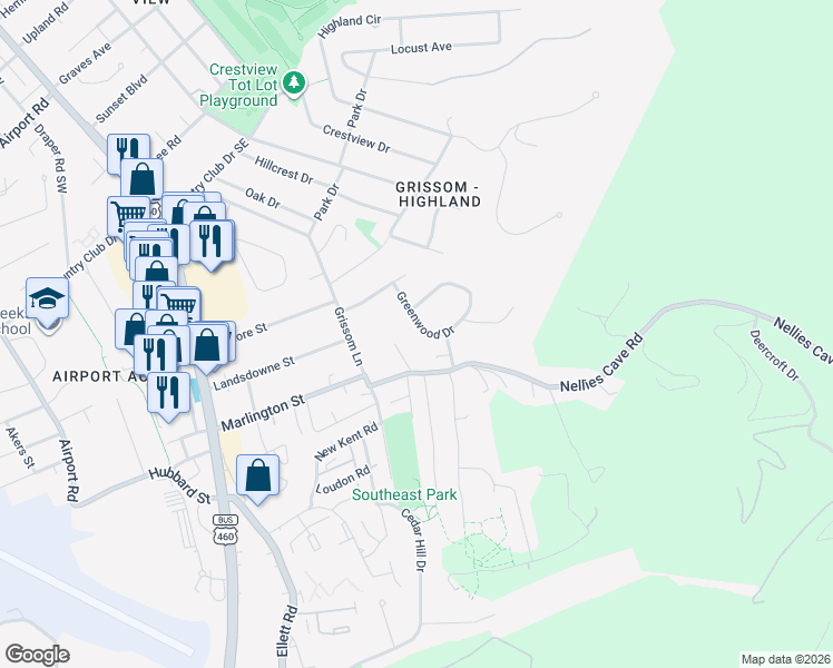 map of restaurants, bars, coffee shops, grocery stores, and more near 1502 Greenwood Dr in Blacksburg