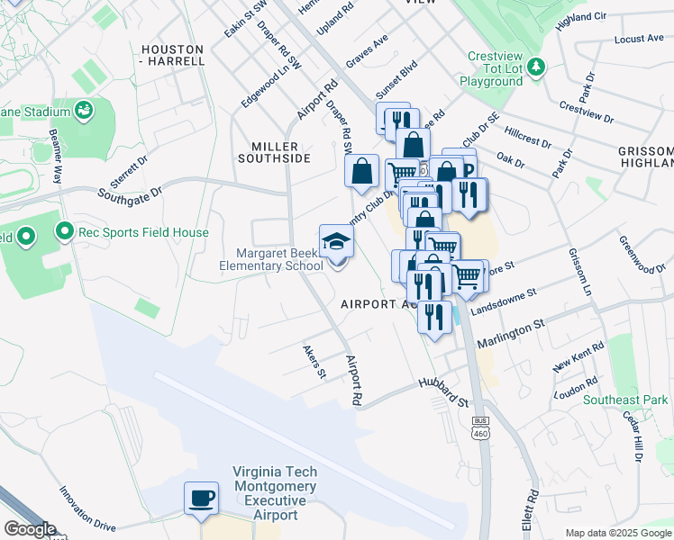 map of restaurants, bars, coffee shops, grocery stores, and more near 401-499 Country Club Dr SW in Blacksburg