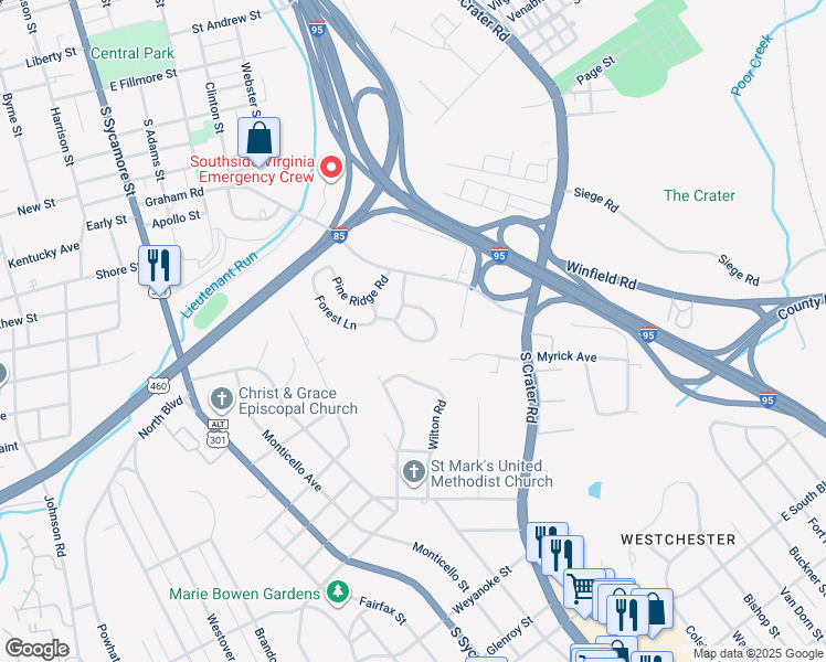 map of restaurants, bars, coffee shops, grocery stores, and more near 529 South Azalea Road in Petersburg