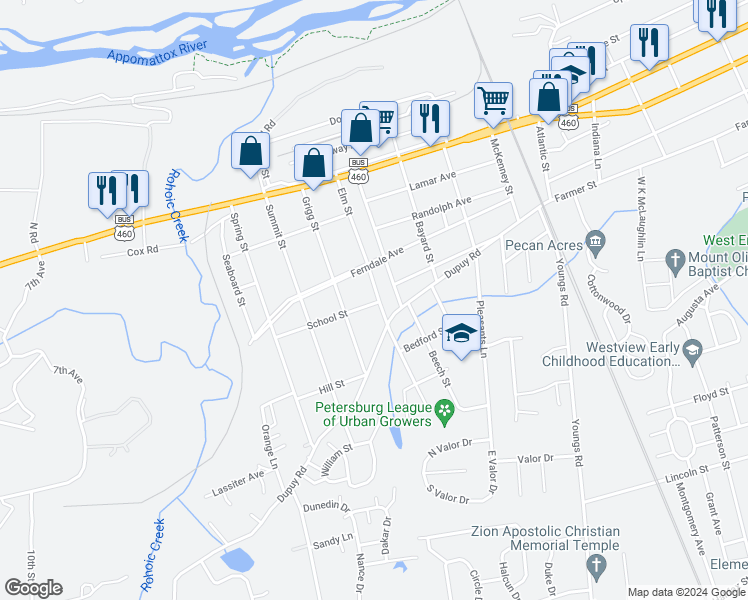 map of restaurants, bars, coffee shops, grocery stores, and more near 230 Elm Street in Petersburg