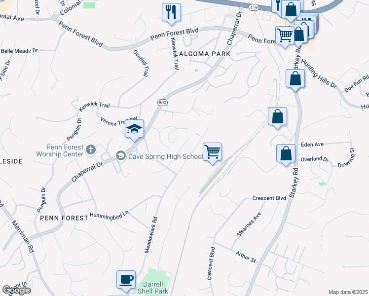 map of restaurants, bars, coffee shops, grocery stores, and more near 3400 Morning Dove Road in Cave Spring