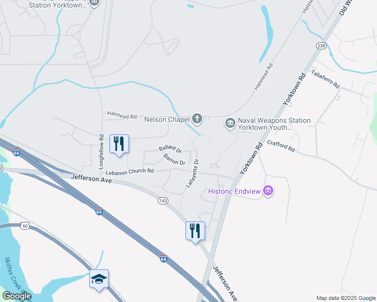 map of restaurants, bars, coffee shops, grocery stores, and more near 1500 Ballard Drive in Newport News