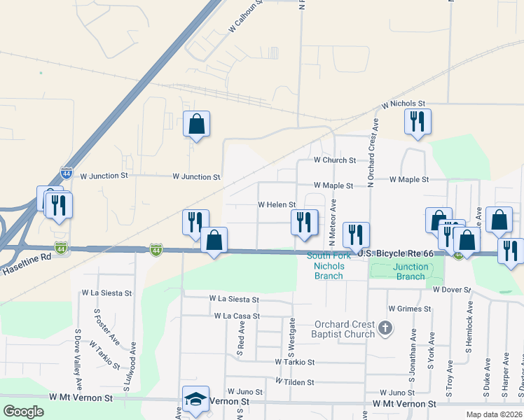 map of restaurants, bars, coffee shops, grocery stores, and more near 610 North Mahn Avenue in Springfield