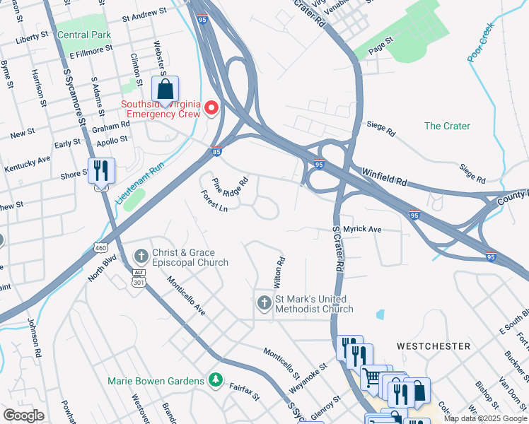 map of restaurants, bars, coffee shops, grocery stores, and more near 529 South Azalea Road in Petersburg