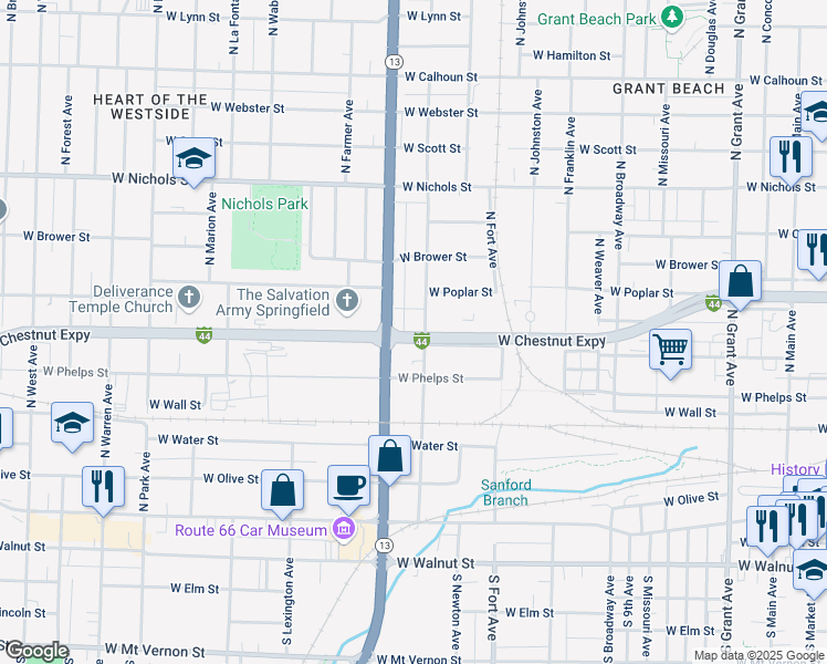 map of restaurants, bars, coffee shops, grocery stores, and more near 1315 West Chestnut Street in Springfield