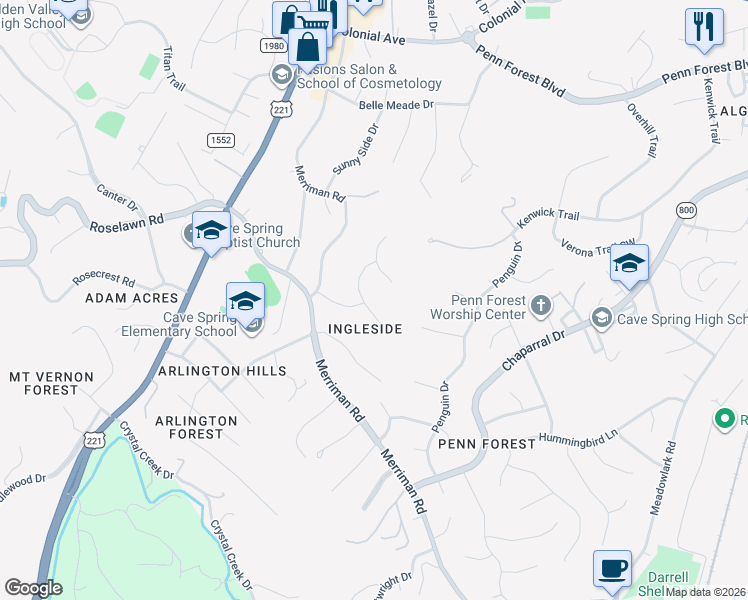 map of restaurants, bars, coffee shops, grocery stores, and more near 5374 Snow Owl Drive in Cave Spring