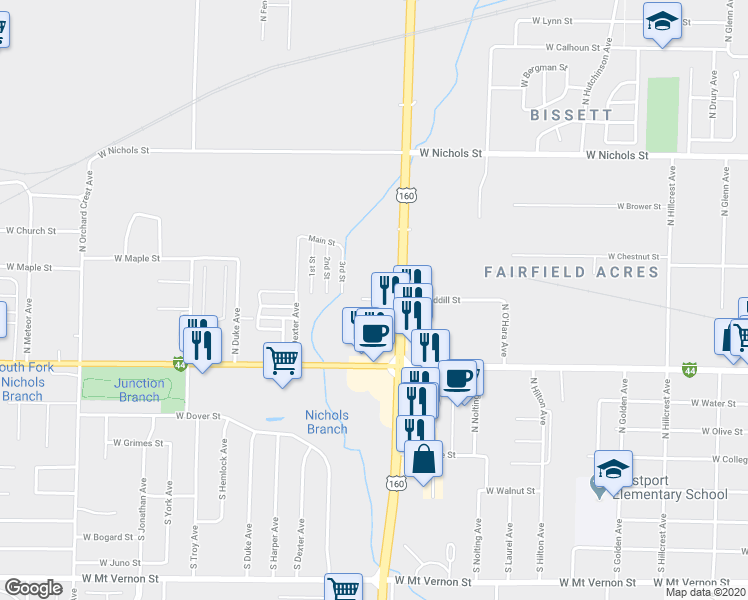 map of restaurants, bars, coffee shops, grocery stores, and more near 3532 West Waddill Street in Springfield