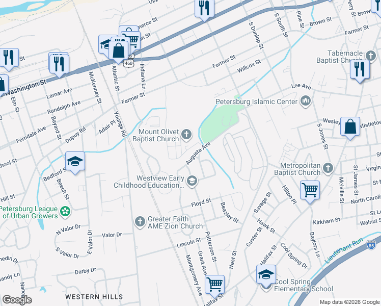 map of restaurants, bars, coffee shops, grocery stores, and more near 800 Augusta Avenue in Petersburg