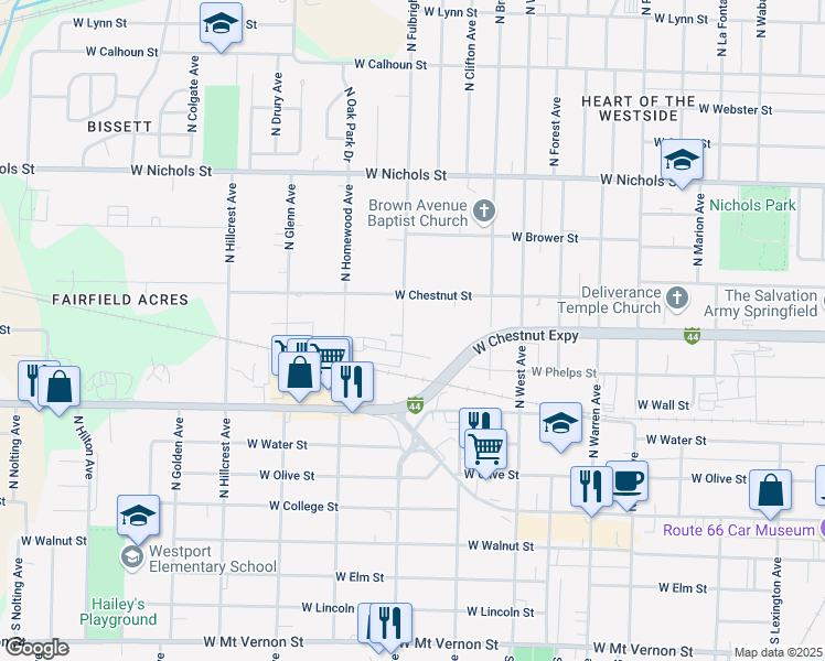 map of restaurants, bars, coffee shops, grocery stores, and more near 616 North Fulbright Avenue in Springfield