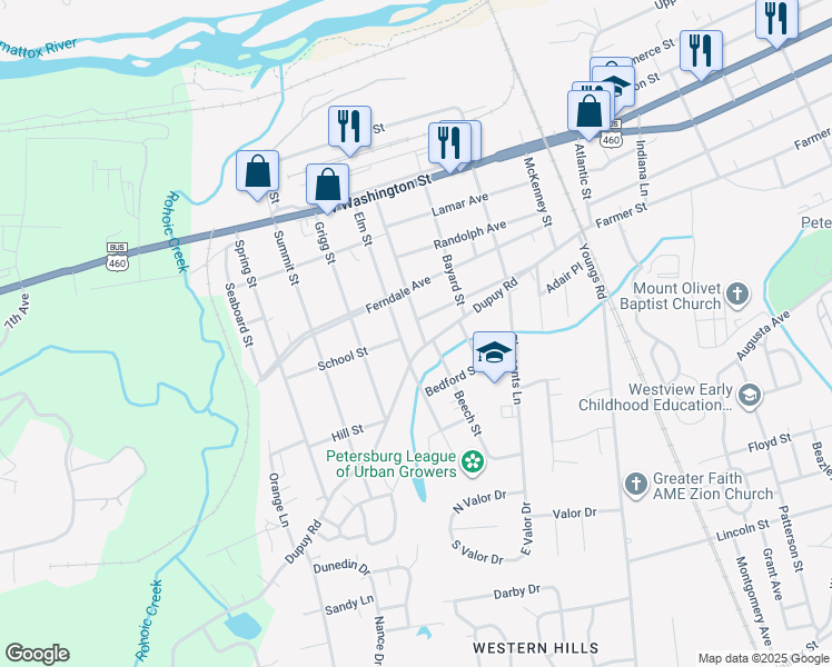 map of restaurants, bars, coffee shops, grocery stores, and more near 1846 Stuart Avenue in Petersburg
