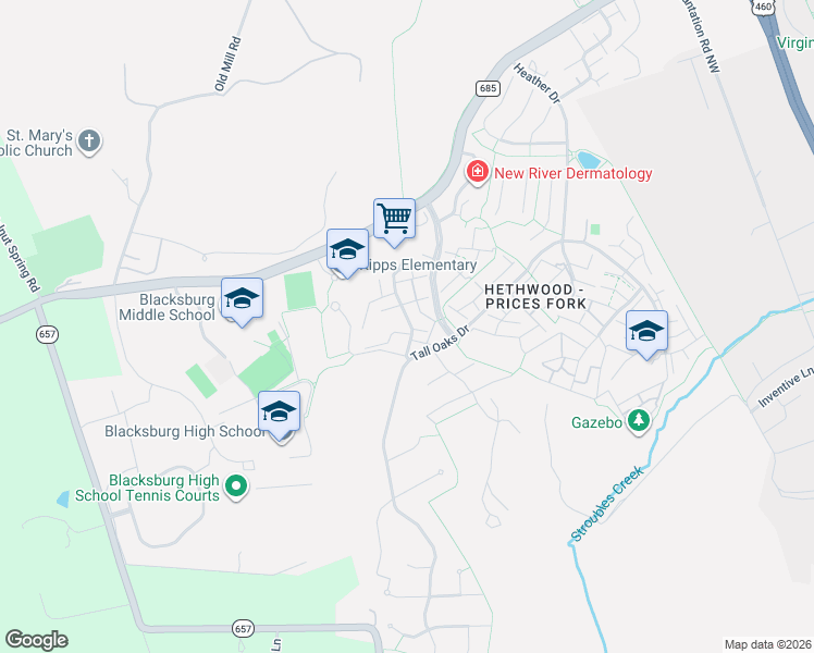 map of restaurants, bars, coffee shops, grocery stores, and more near 620 Cambridge Road in Blacksburg