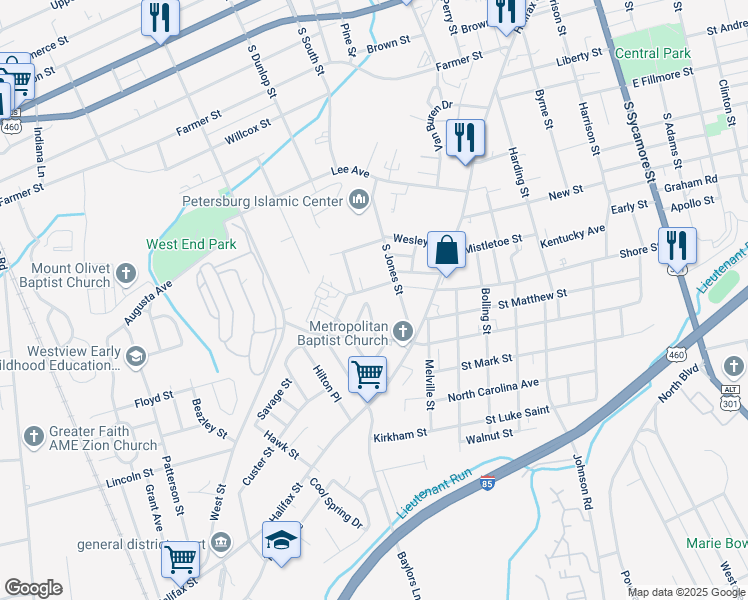 map of restaurants, bars, coffee shops, grocery stores, and more near 833 Gladstone Street in Petersburg