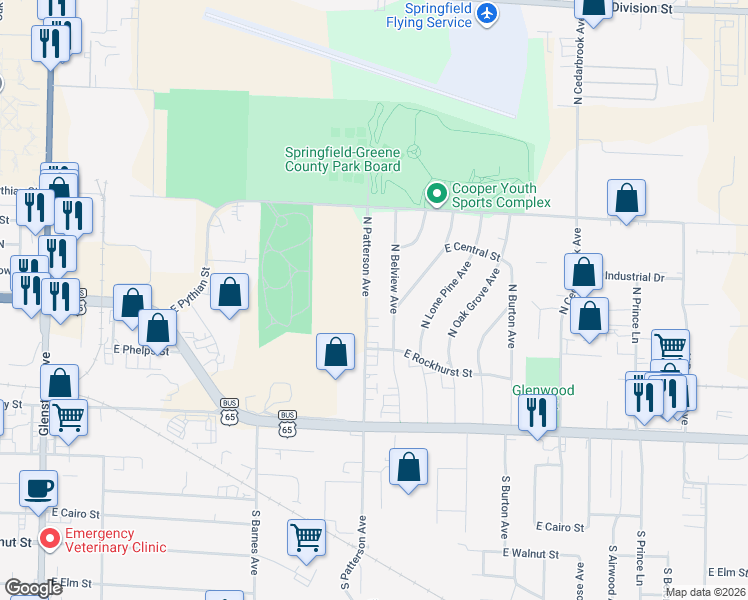 map of restaurants, bars, coffee shops, grocery stores, and more near 734 North Patterson Avenue in Springfield