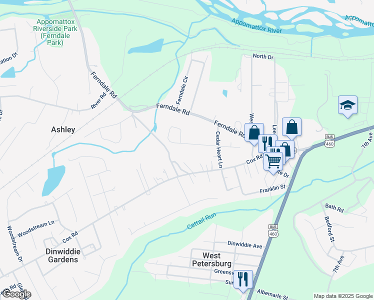 map of restaurants, bars, coffee shops, grocery stores, and more near 25417 Grant Avenue in Petersburg