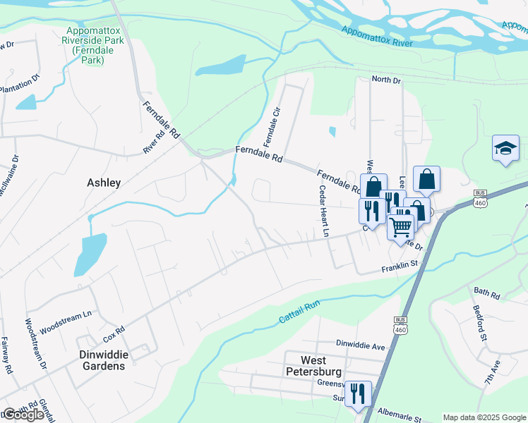 map of restaurants, bars, coffee shops, grocery stores, and more near 25416 Grant Avenue in Petersburg