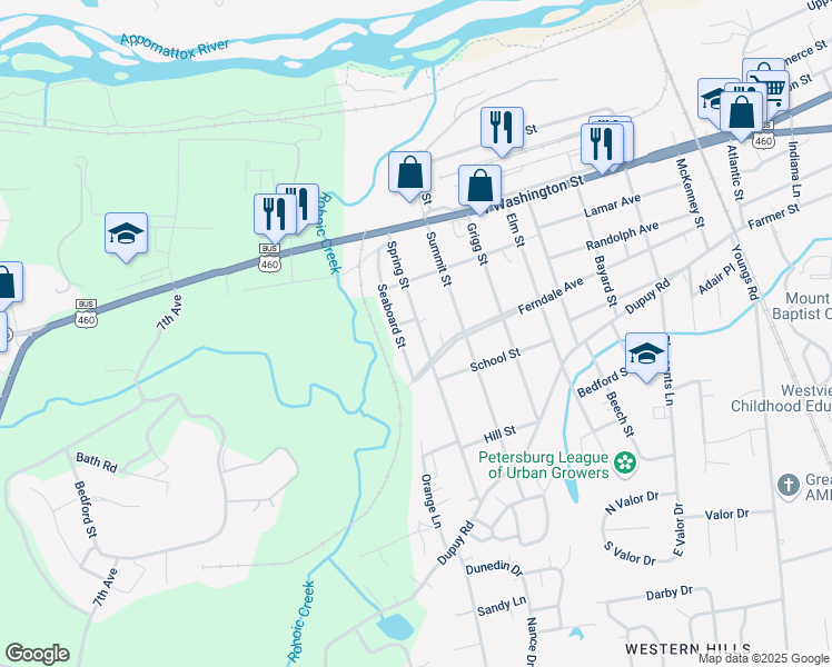 map of restaurants, bars, coffee shops, grocery stores, and more near 144 Spring Street in Petersburg