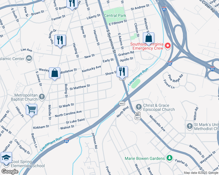 map of restaurants, bars, coffee shops, grocery stores, and more near 105 Virginia Avenue in Petersburg