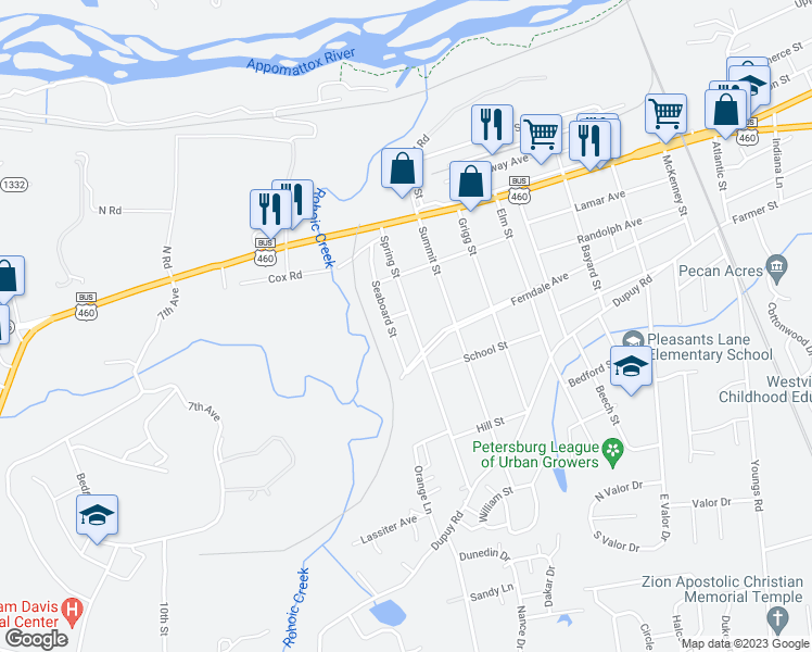 map of restaurants, bars, coffee shops, grocery stores, and more near 144 Spring Street in Petersburg