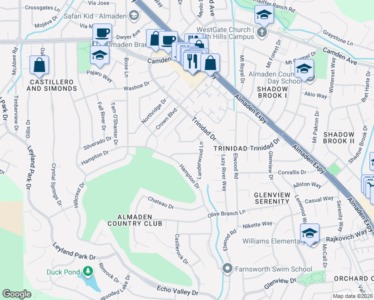 map of restaurants, bars, coffee shops, grocery stores, and more near 1148 Lone Pine Lane in San Jose