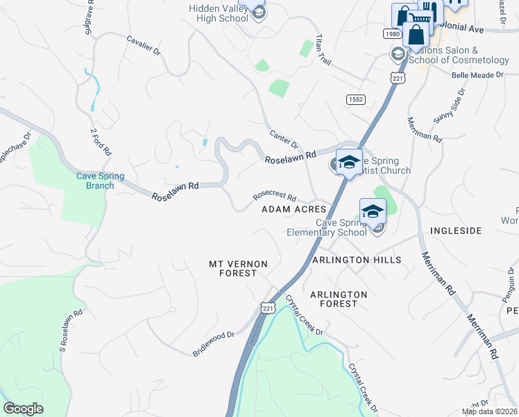 map of restaurants, bars, coffee shops, grocery stores, and more near 4508 Rosecrest Road in Cave Spring