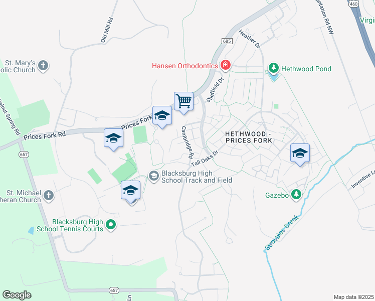 map of restaurants, bars, coffee shops, grocery stores, and more near 620 Cambridge Road in Blacksburg