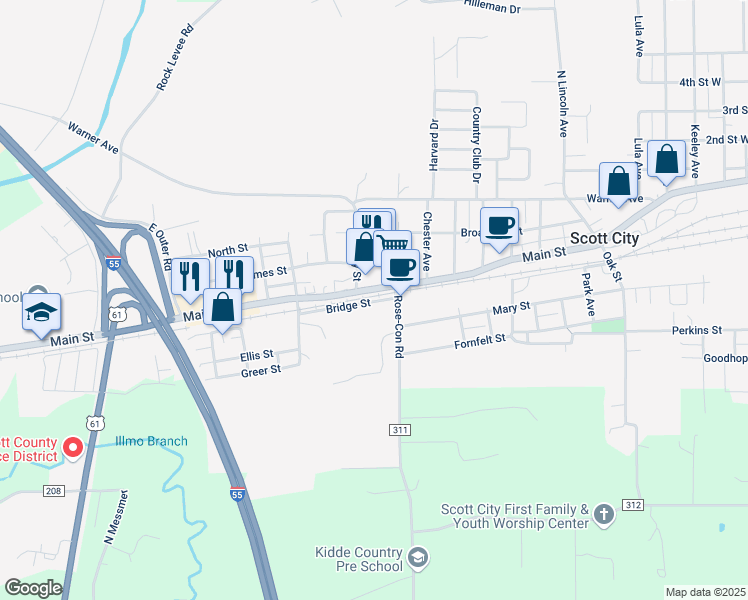 map of restaurants, bars, coffee shops, grocery stores, and more near 2116 Main Street in Scott City
