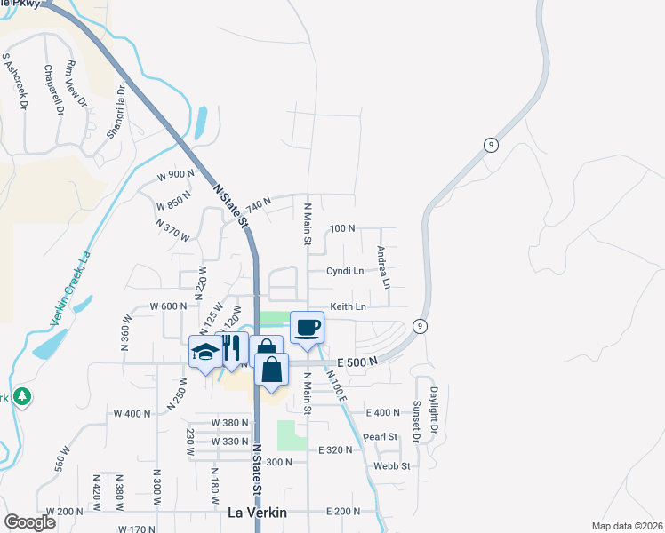 map of restaurants, bars, coffee shops, grocery stores, and more near 53 Cyndi Lane in La Verkin