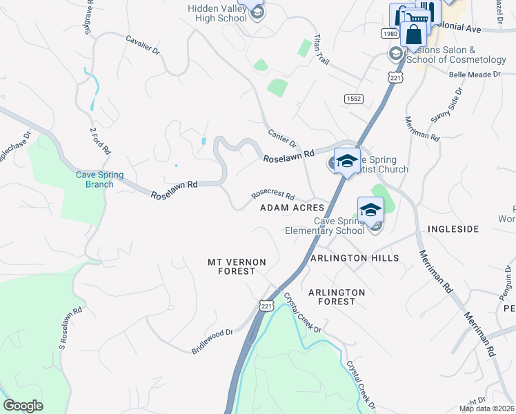 map of restaurants, bars, coffee shops, grocery stores, and more near 4508 Rosecrest Road in Cave Spring
