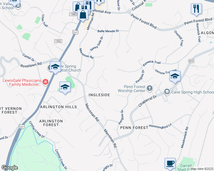 map of restaurants, bars, coffee shops, grocery stores, and more near 5331 Golden Eagle Lane in Cave Spring