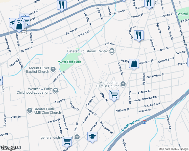 map of restaurants, bars, coffee shops, grocery stores, and more near 731 South West Street in Petersburg