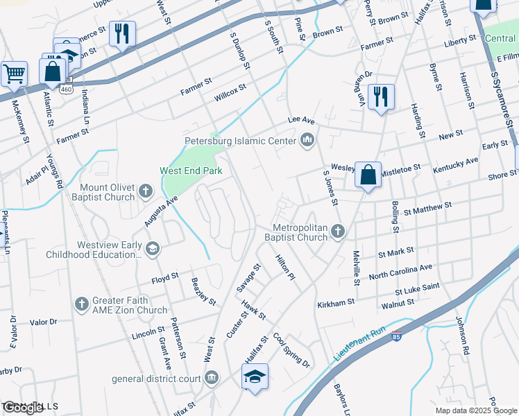 map of restaurants, bars, coffee shops, grocery stores, and more near 731 South West Street in Petersburg