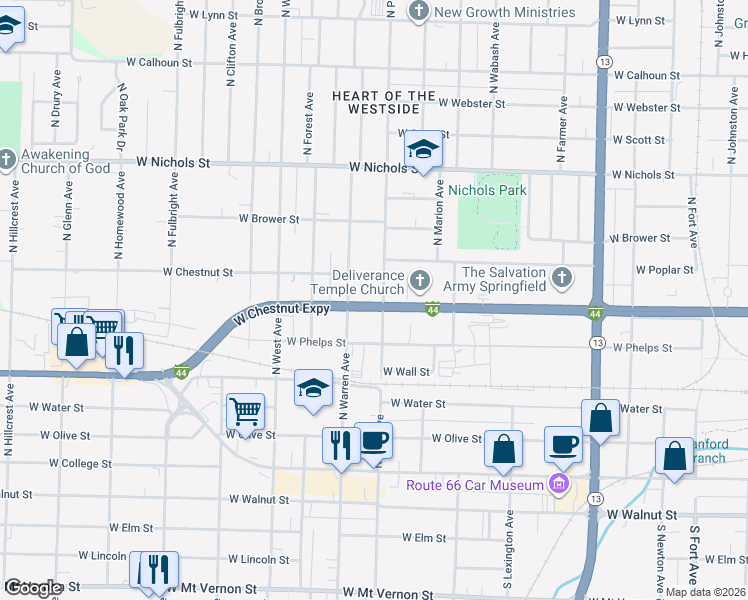 map of restaurants, bars, coffee shops, grocery stores, and more near 622 North Park Avenue in Springfield