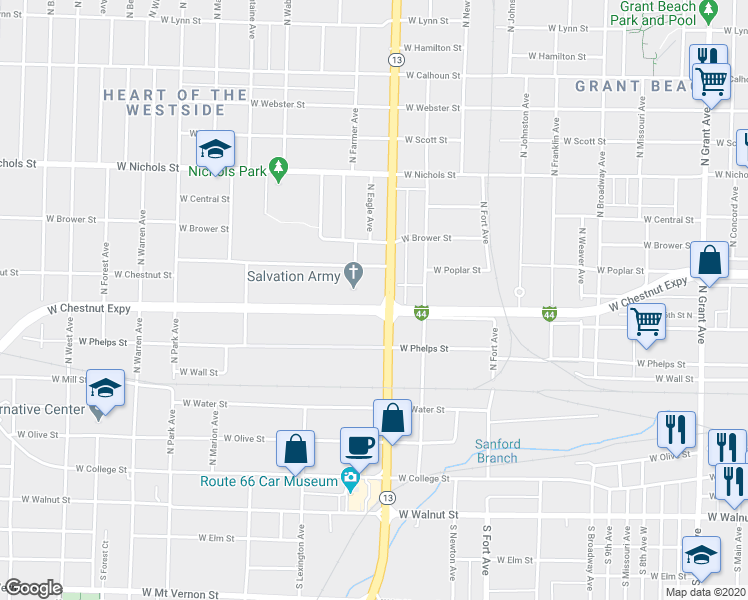 map of restaurants, bars, coffee shops, grocery stores, and more near 1707 W Chestnut Expy in Springfield