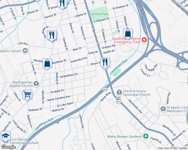 map of restaurants, bars, coffee shops, grocery stores, and more near 105 Virginia Avenue in Petersburg