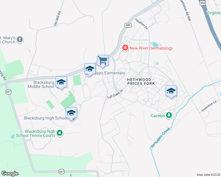 map of restaurants, bars, coffee shops, grocery stores, and more near 620 Cambridge Road in Blacksburg